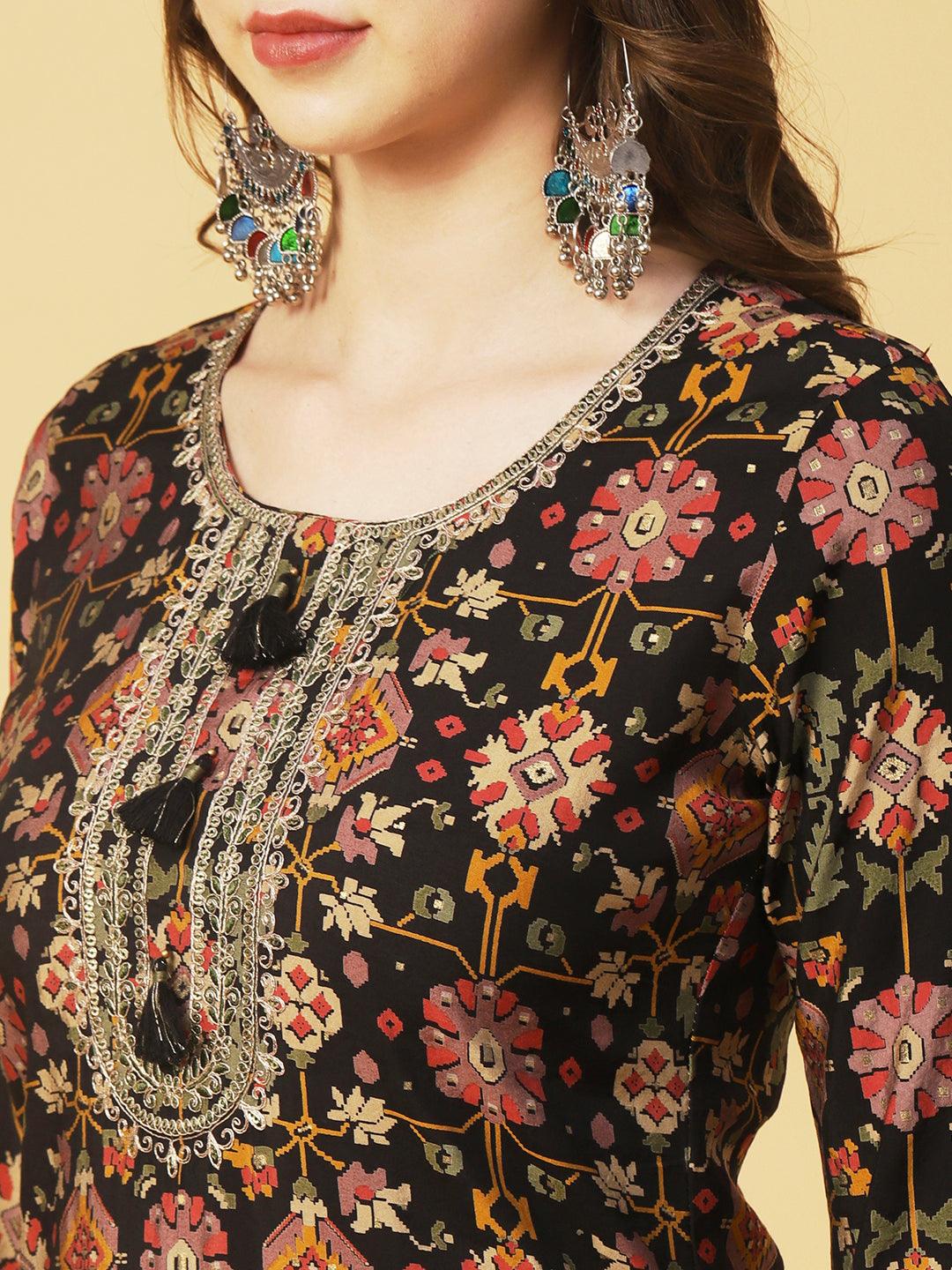 Abstract & Foil Printed Zari Dori & Resham Embroidered Kurta With Pants - Black - Indiakreations