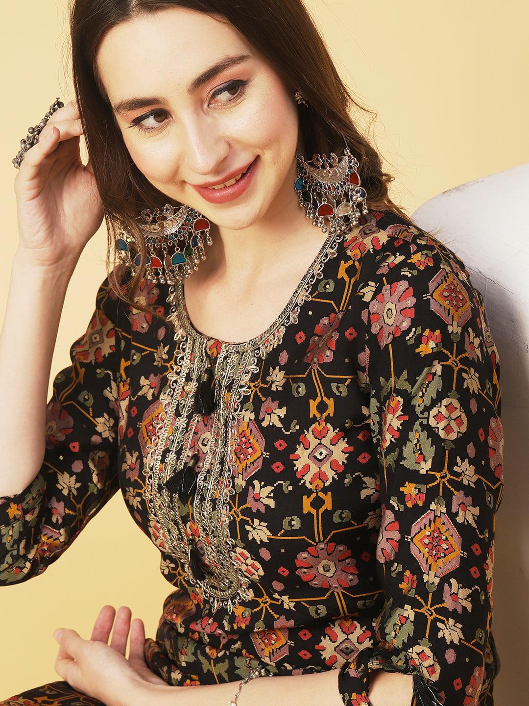 Abstract & Foil Printed Zari Dori & Resham Embroidered Kurta With Pants - Black - Indiakreations