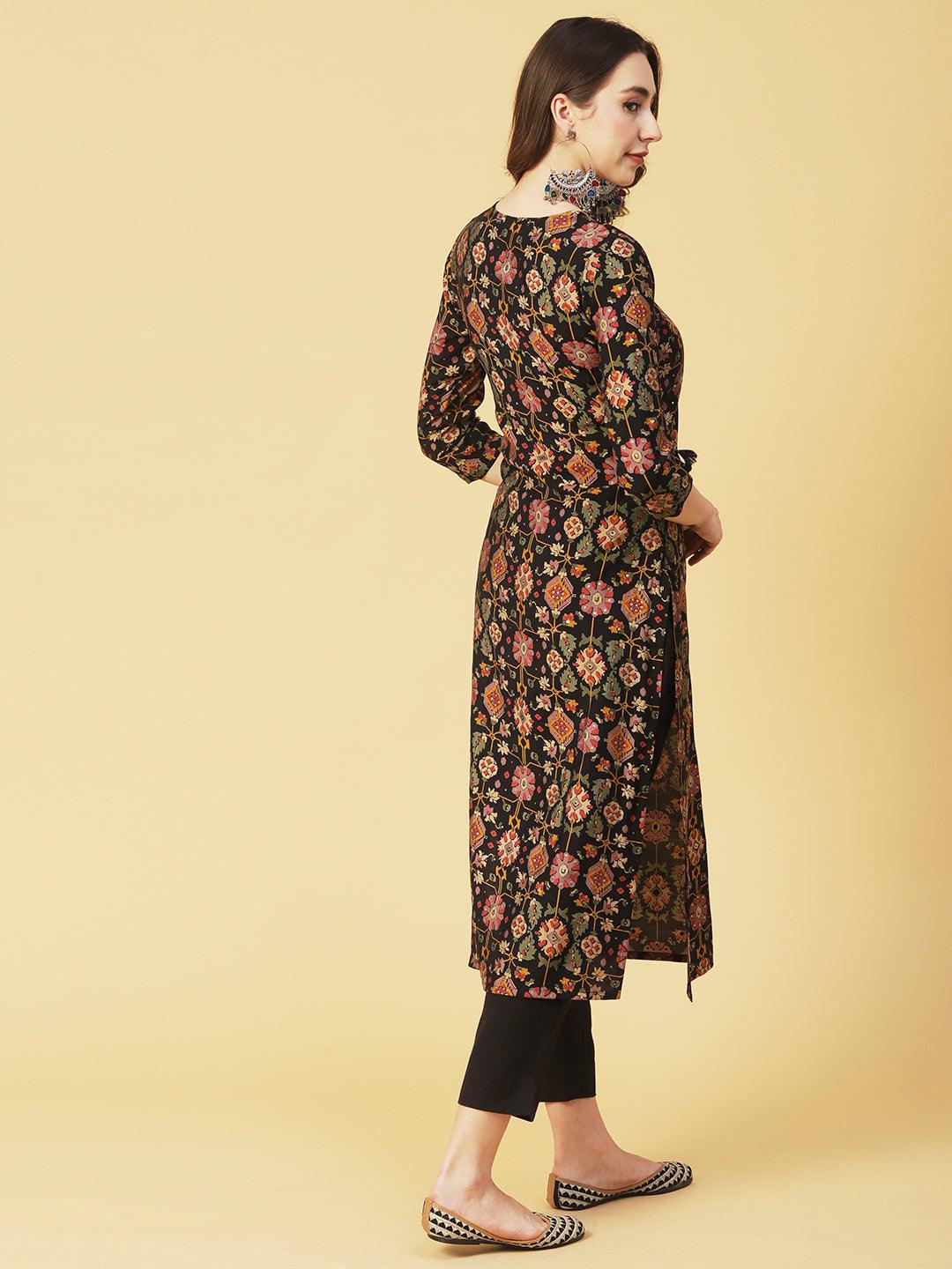 Abstract & Foil Printed Zari Dori & Resham Embroidered Kurta With Pants - Black - Indiakreations