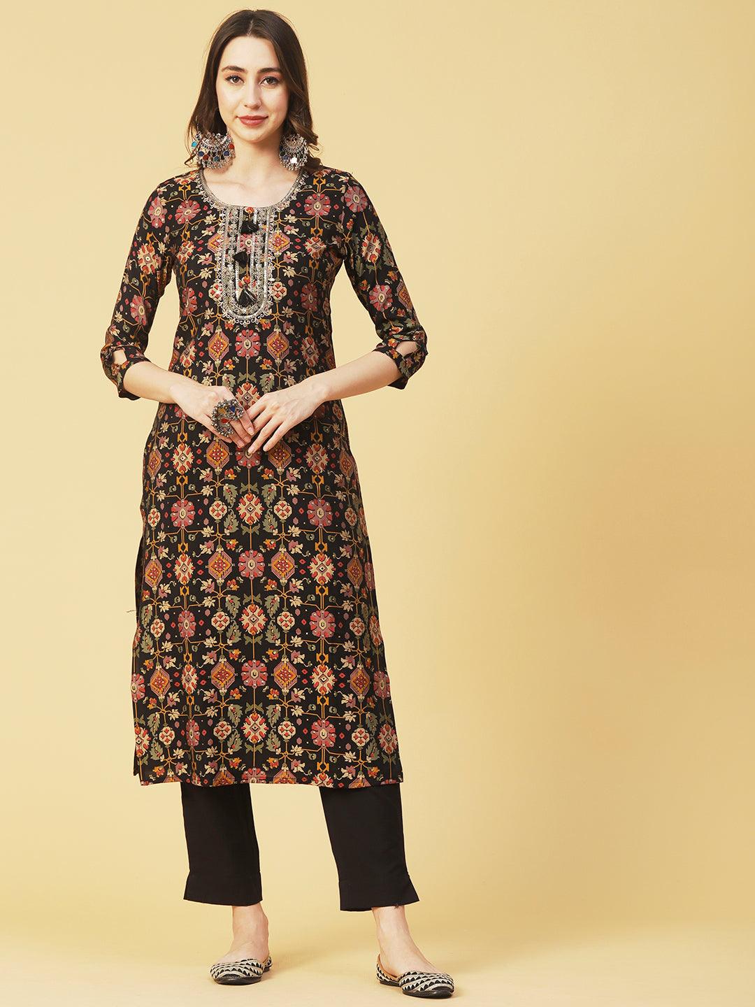 Abstract & Foil Printed Zari Dori & Resham Embroidered Kurta With Pants - Black - Indiakreations