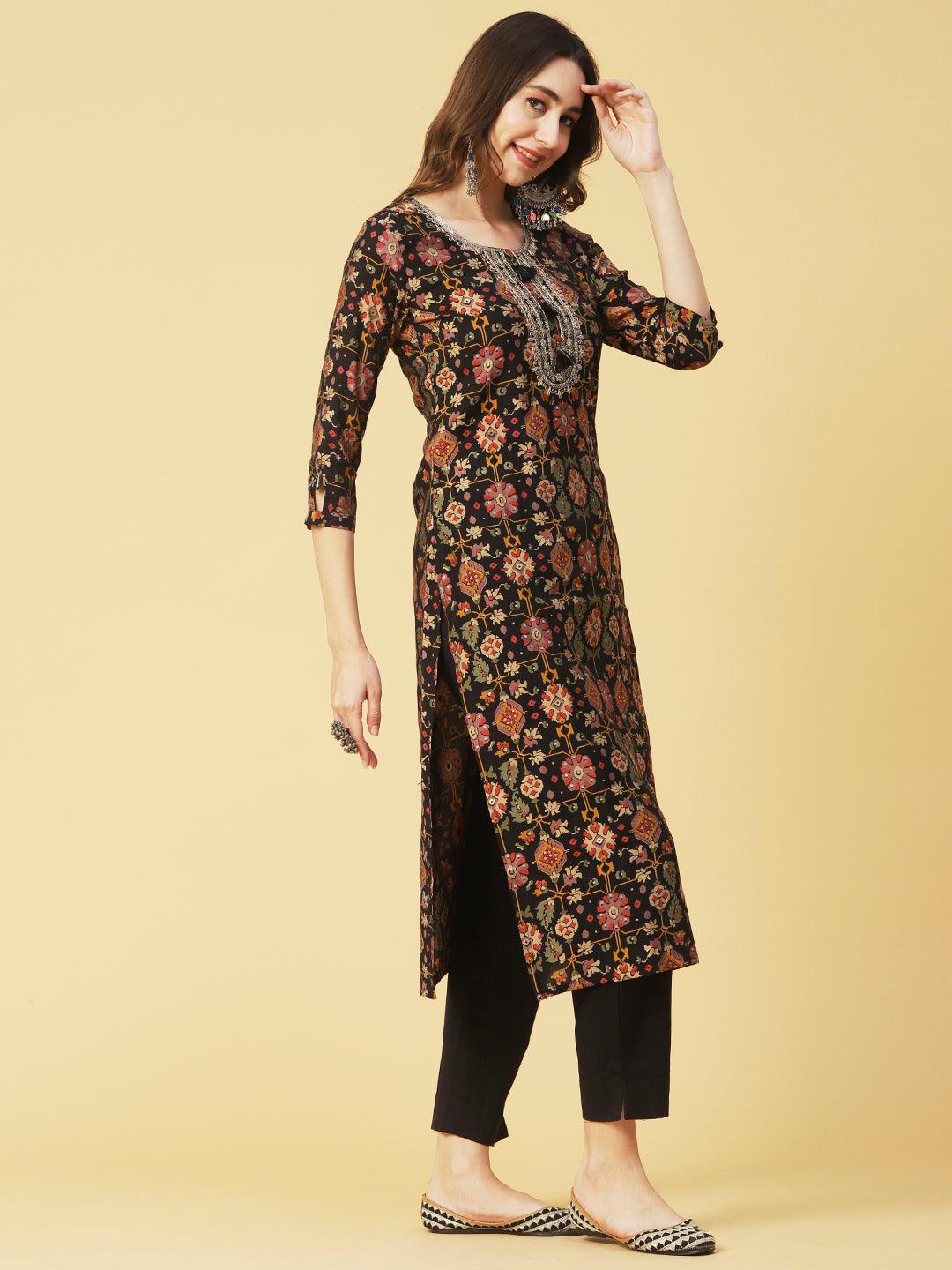 Abstract & Foil Printed Zari Dori & Resham Embroidered Kurta With Pants - Black - Indiakreations