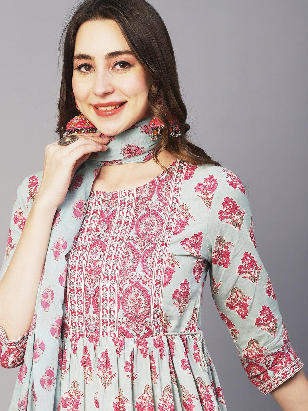 Floral Block Printed Zari Embroidered High Slit Kurta With Pants & Dupatta - Mint Green - Indiakreations