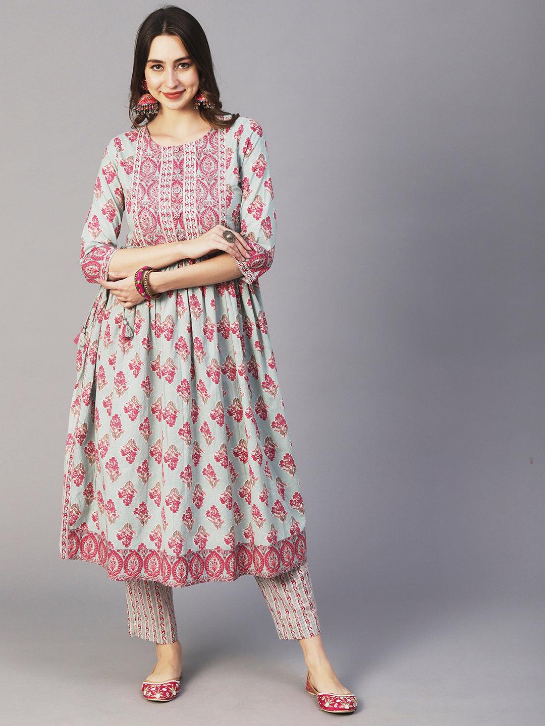 Floral Block Printed Zari Embroidered High Slit Kurta With Pants & Dupatta - Mint Green - Indiakreations