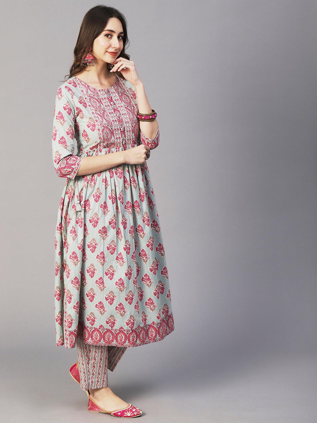 Floral Block Printed Zari Embroidered High Slit Kurta With Pants & Dupatta - Mint Green - Indiakreations