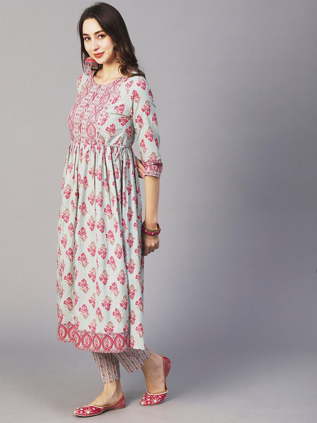 Floral Block Printed Zari Embroidered High Slit Kurta With Pants & Dupatta - Mint Green - Indiakreations