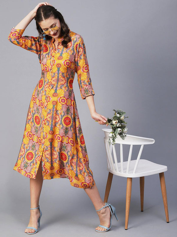 Floral, Abstract & Bohemian Printed A-line Midi Dress - Yellow & Multi - Indiakreations