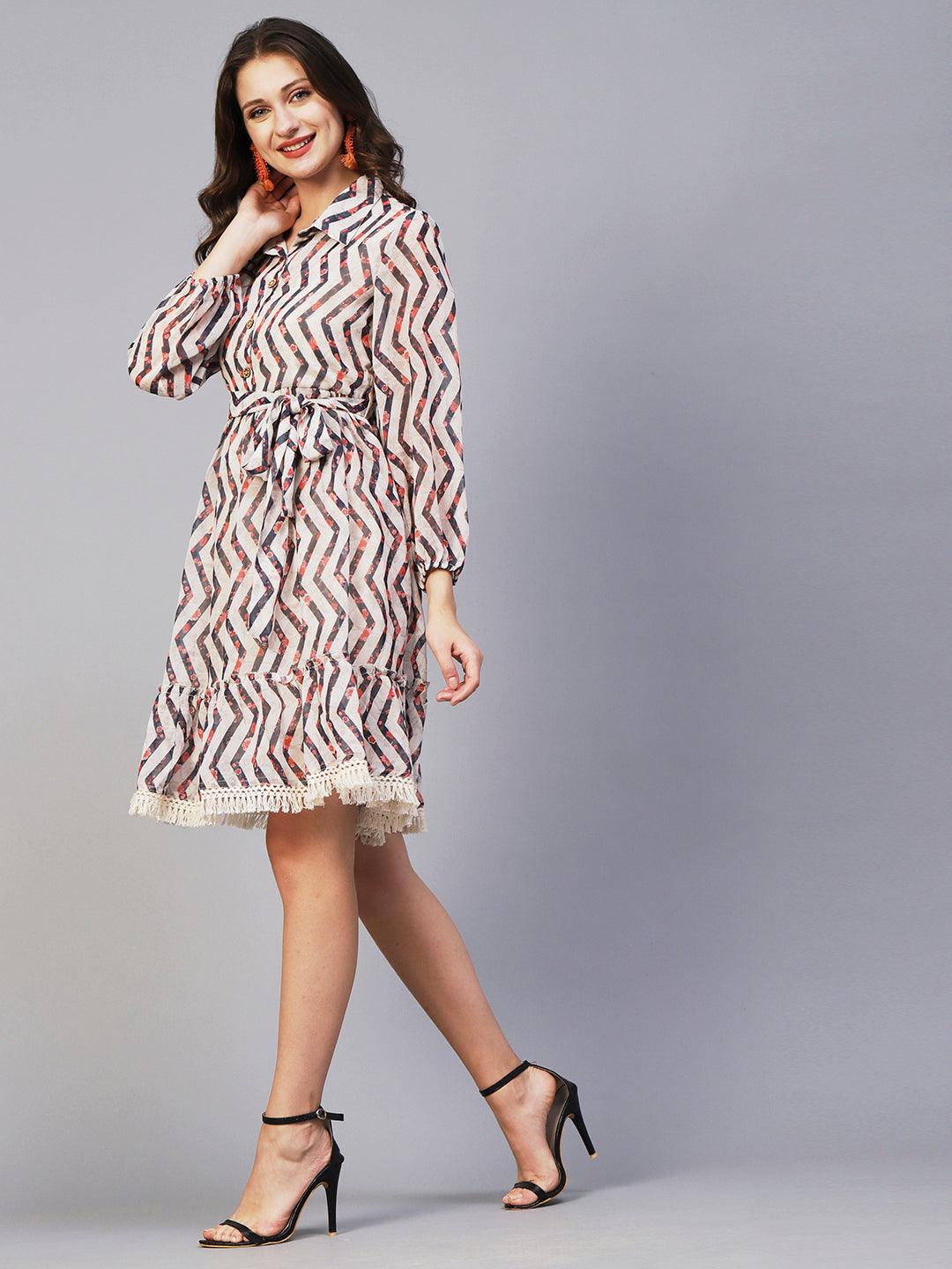 Floral & Chevron Printed Gathered Dress With Tie-up Waist Belt - Beige - Indiakreations