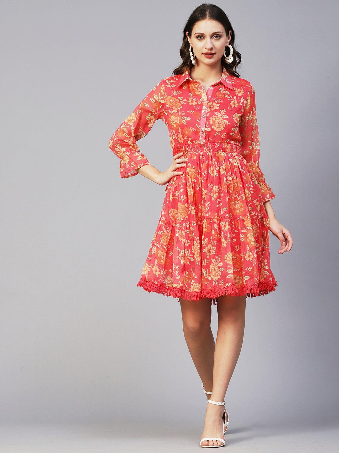 Floral Printed Smocked Tiered Dress With Fringed Hemline - Coral Pink - Indiakreations