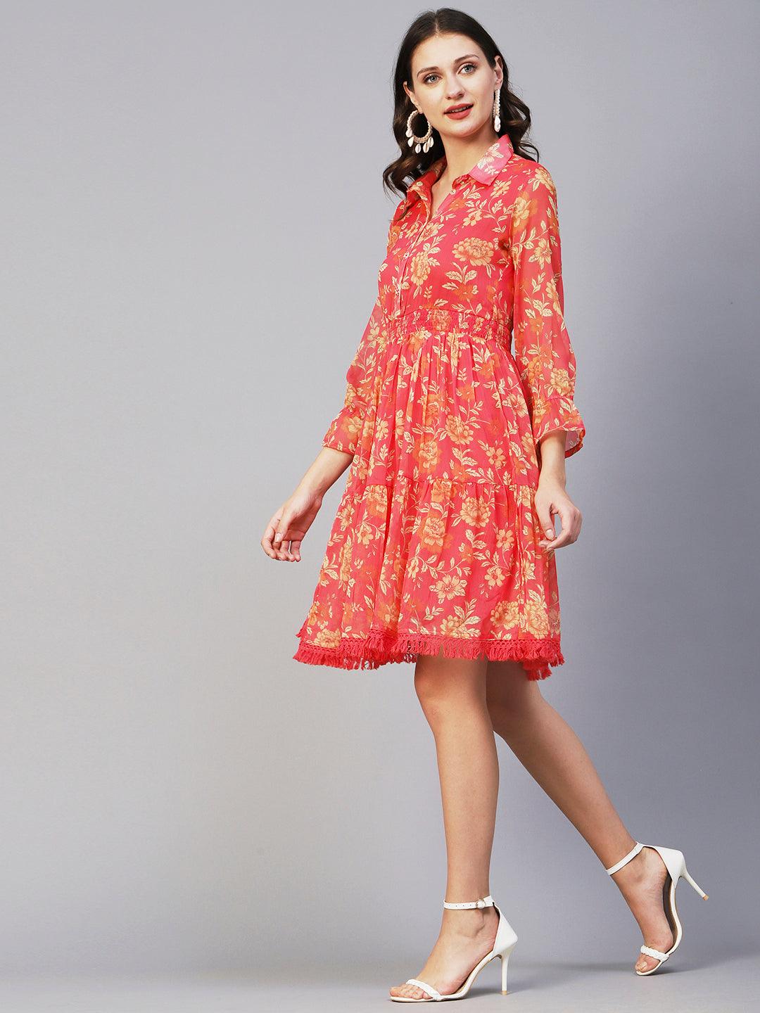 Floral Printed Smocked Tiered Dress With Fringed Hemline - Coral Pink - Indiakreations