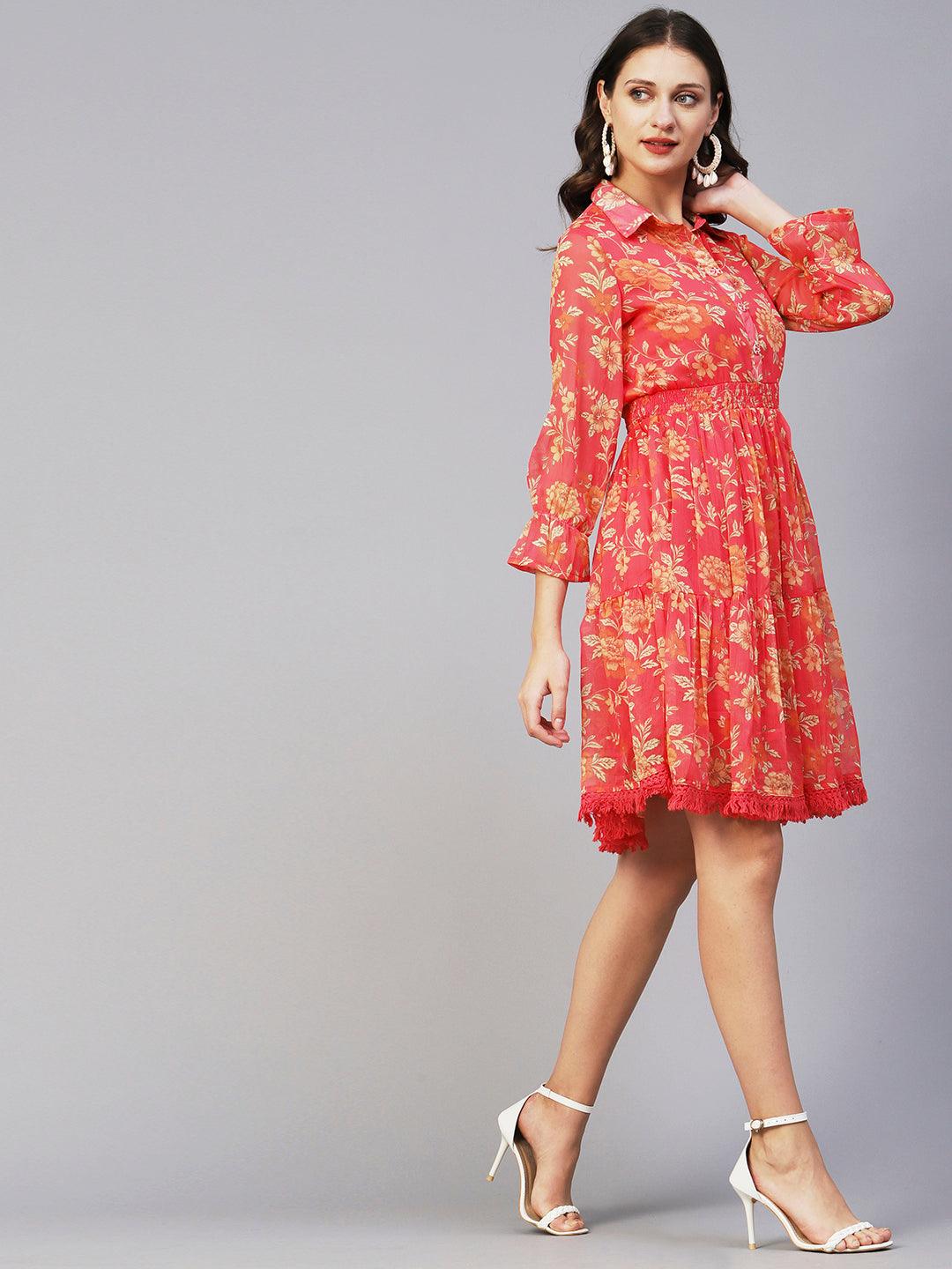 Floral Printed Smocked Tiered Dress With Fringed Hemline - Coral Pink - Indiakreations