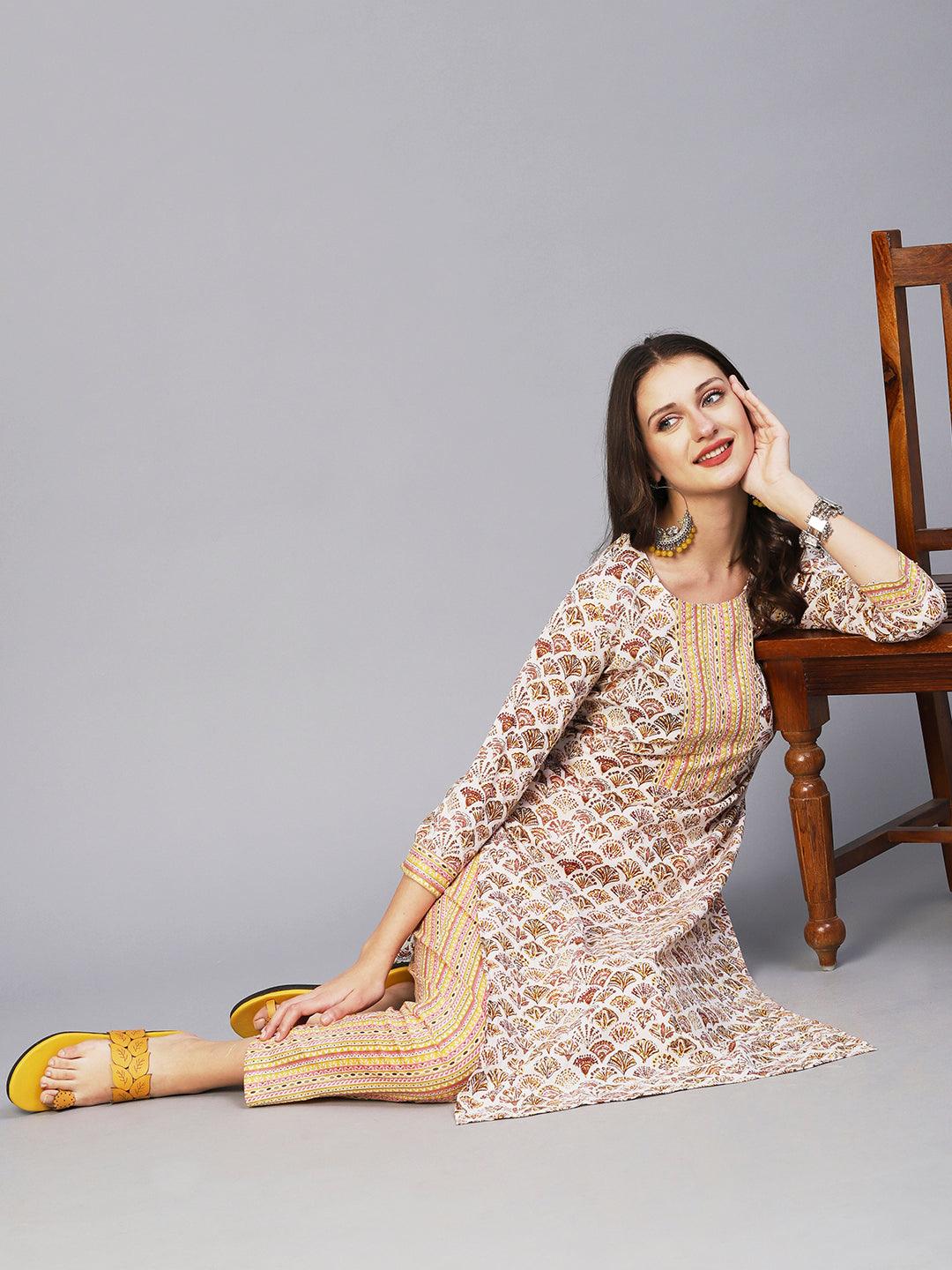 Block Printed Sequins Ornamented Kurta With Printed Pants - White & Multi - Indiakreations