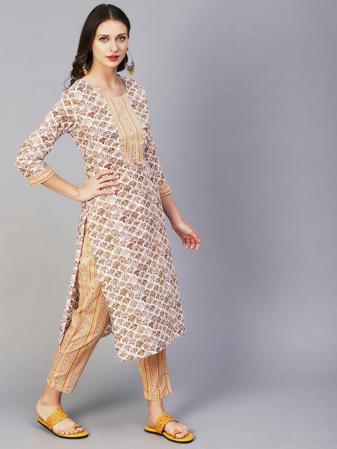 Block Printed Sequins Ornamented Kurta With Printed Pants - White & Multi - Indiakreations