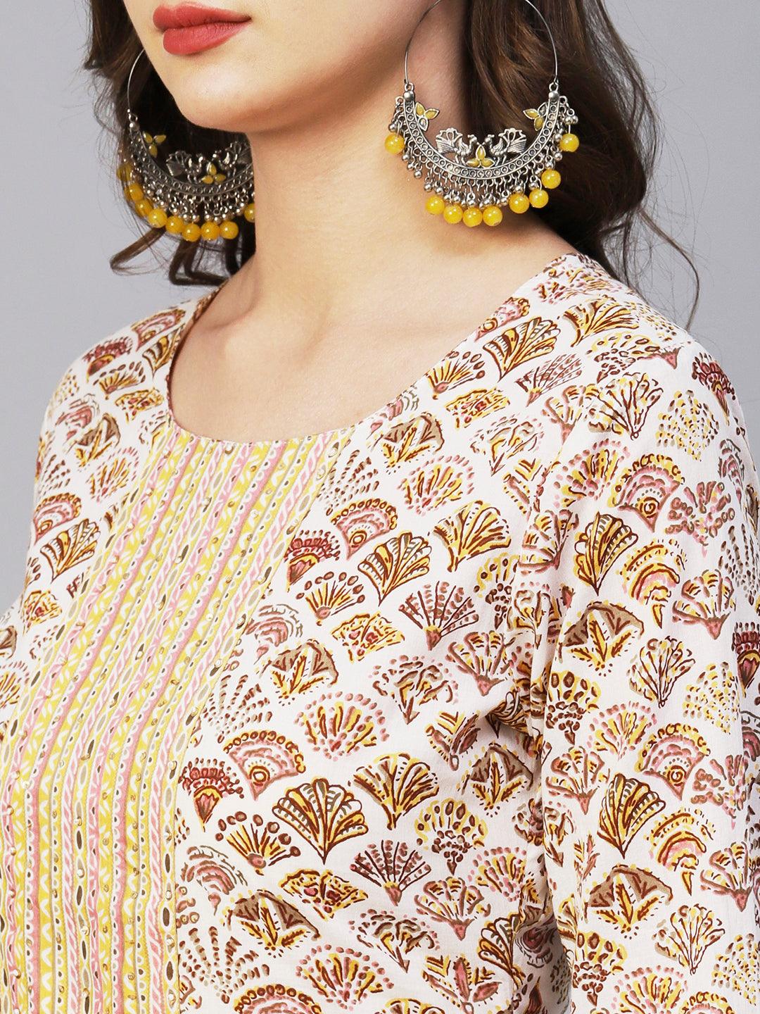 Block Printed Sequins Ornamented Kurta With Printed Pants - White & Multi - Indiakreations