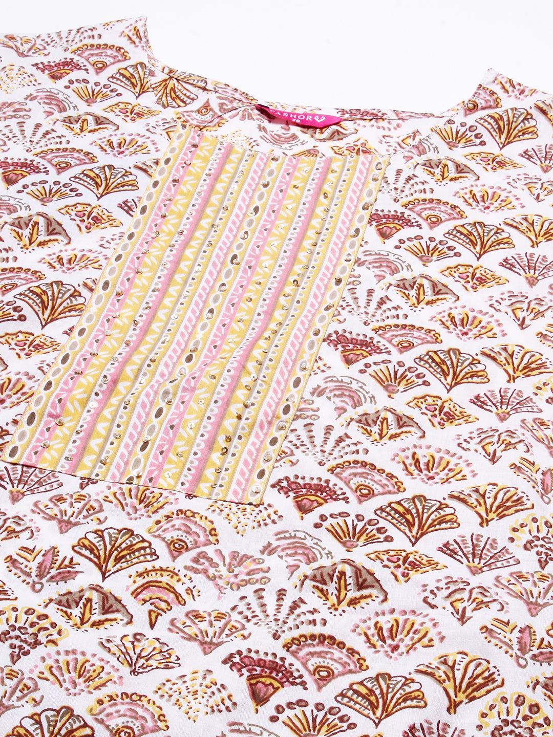 Block Printed Sequins Ornamented Kurta With Printed Pants - White & Multi - Indiakreations