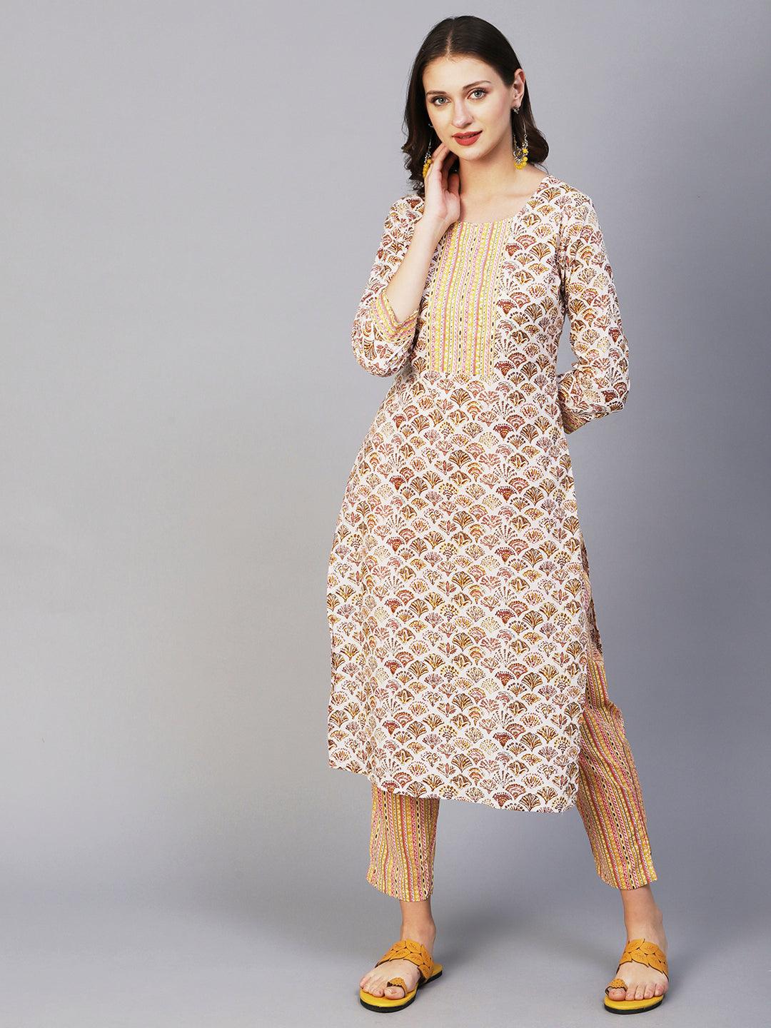 Block Printed Sequins Ornamented Kurta With Printed Pants - White & Multi - Indiakreations