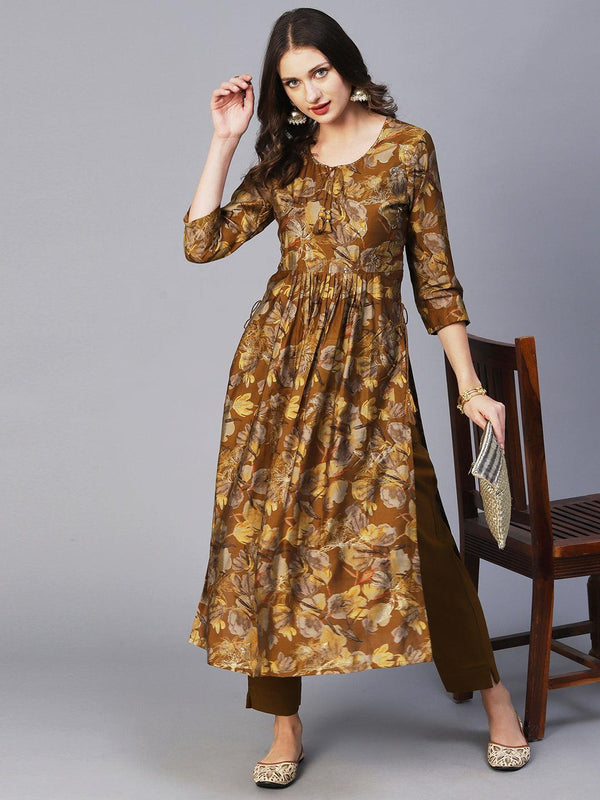 Floral Printed Zari Embroidered Gathered High Slit Kurta With Pants - Mustard - Indiakreations