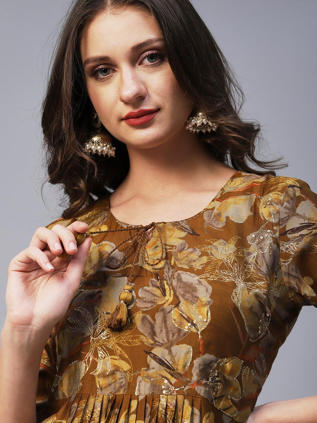 Floral Printed Zari Embroidered Gathered High Slit Kurta With Pants - Mustard - Indiakreations