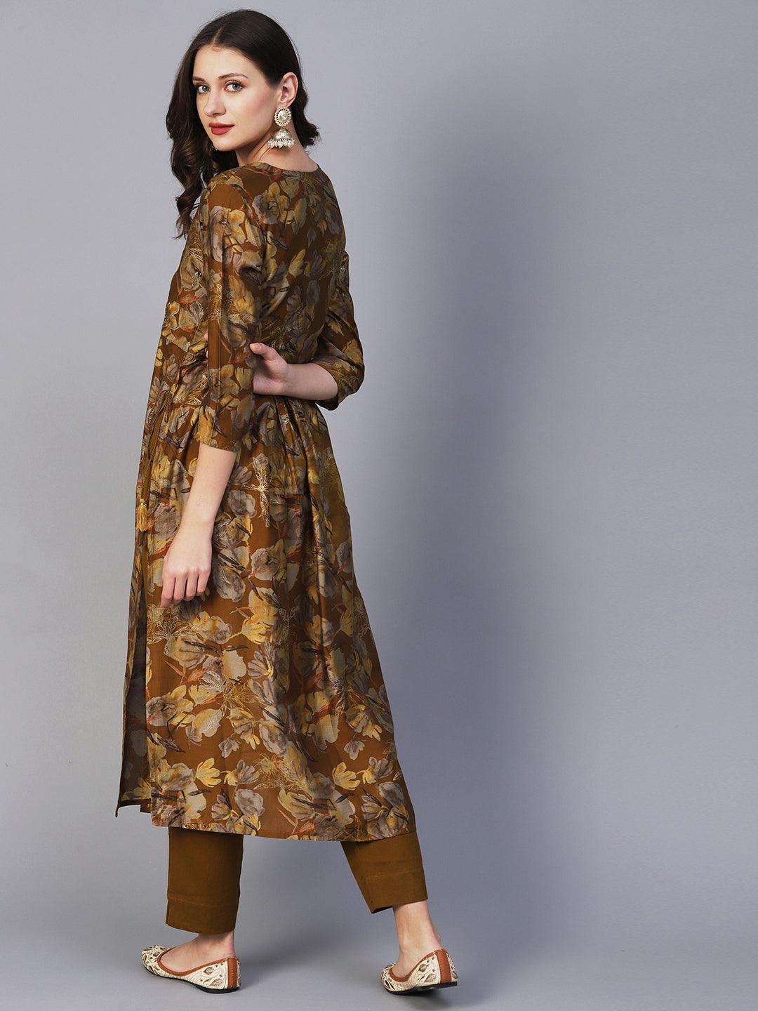 Floral Printed Zari Embroidered Gathered High Slit Kurta With Pants - Mustard - Indiakreations