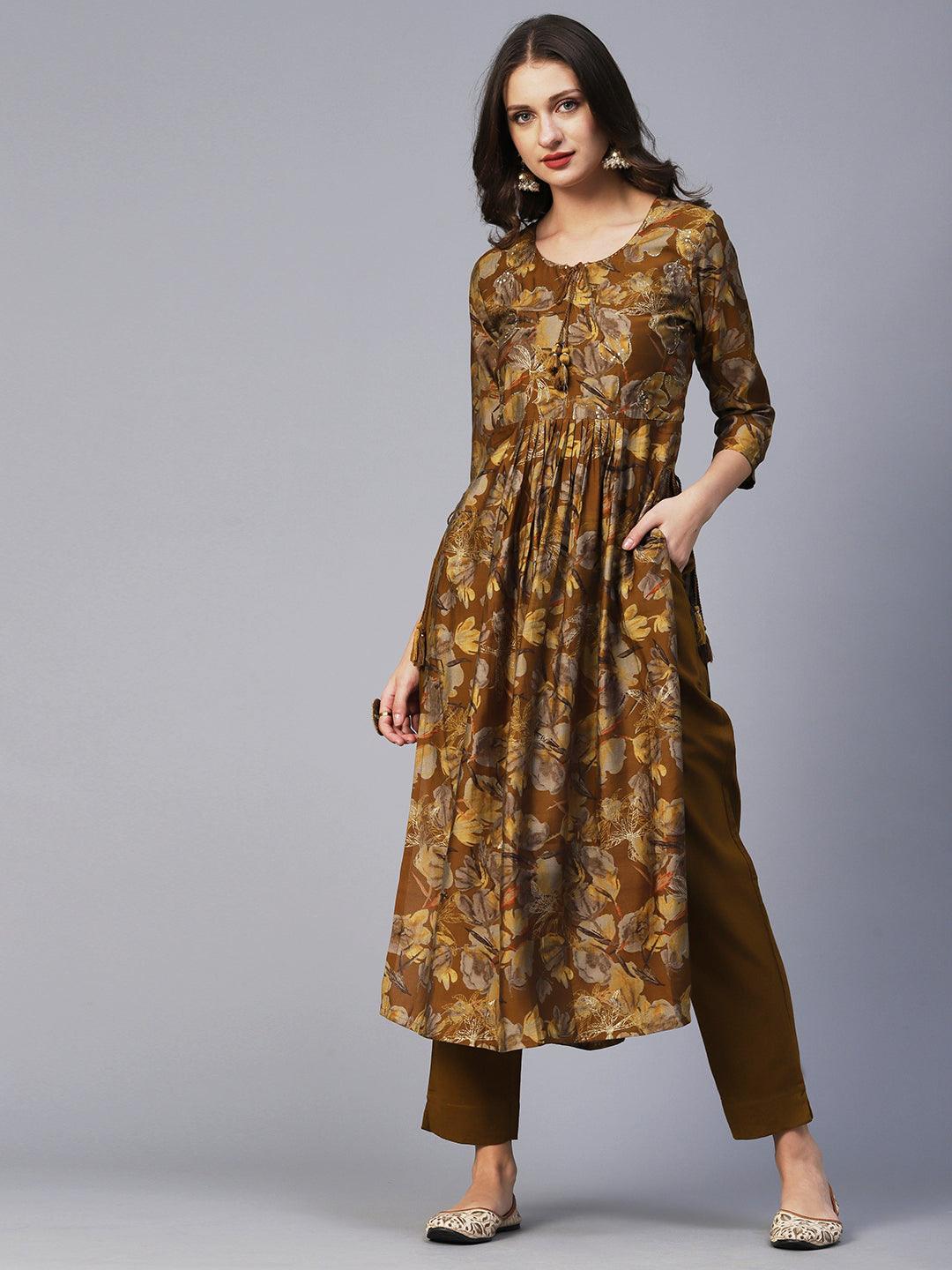 Floral Printed Zari Embroidered Gathered High Slit Kurta With Pants - Mustard - Indiakreations