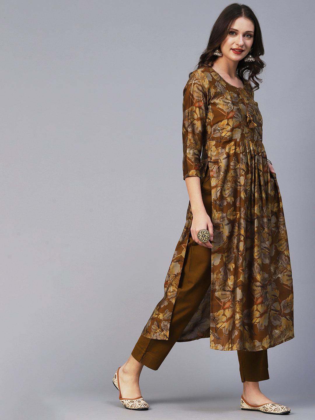 Floral Printed Zari Embroidered Gathered High Slit Kurta With Pants - Mustard - Indiakreations