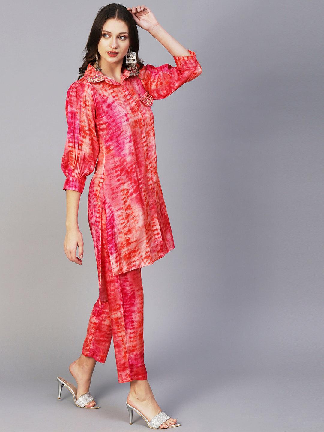 Shibori Printed Mirror & Zardozi Embroidered High Low Hem Shirt With Pants - Peach - Indiakreations