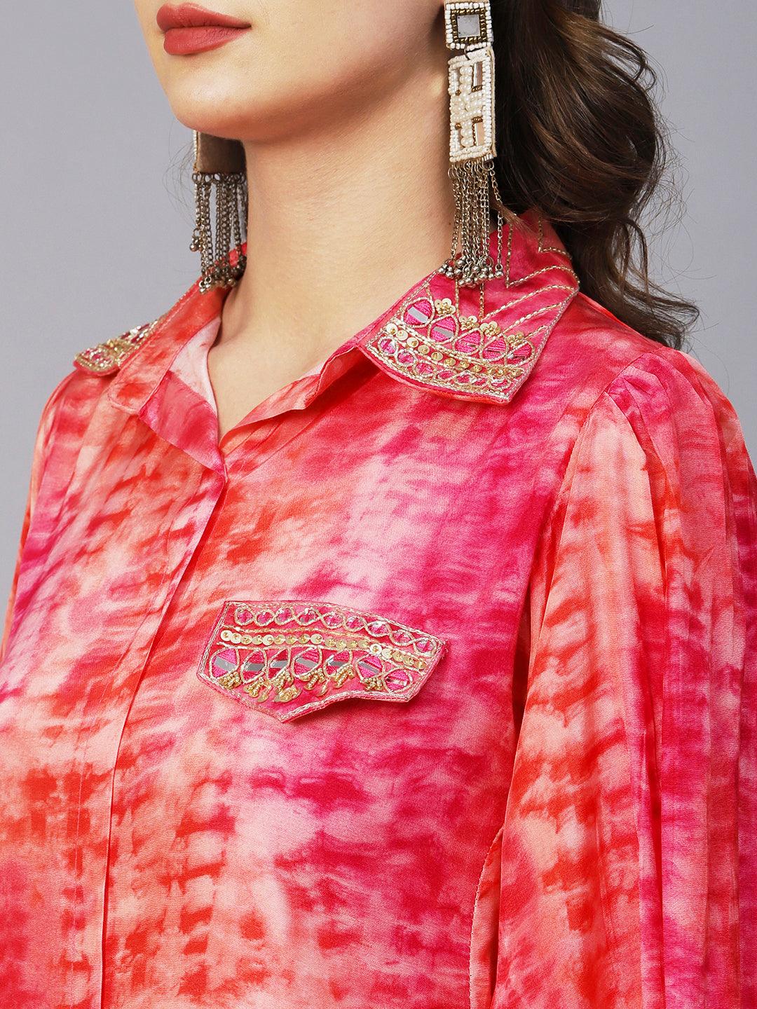 Shibori Printed Mirror & Zardozi Embroidered High Low Hem Shirt With Pants - Peach - Indiakreations