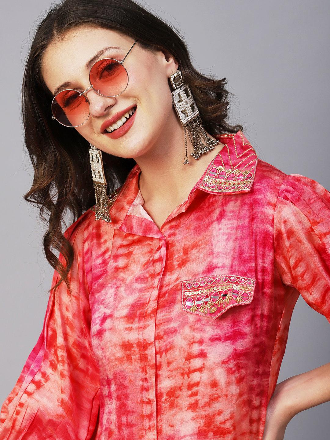 Shibori Printed Mirror & Zardozi Embroidered High Low Hem Shirt With Pants - Peach - Indiakreations