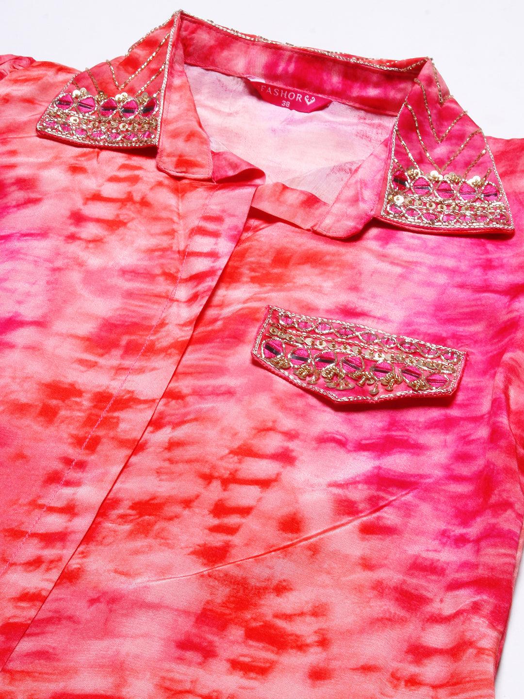 Shibori Printed Mirror & Zardozi Embroidered High Low Hem Shirt With Pants - Peach - Indiakreations