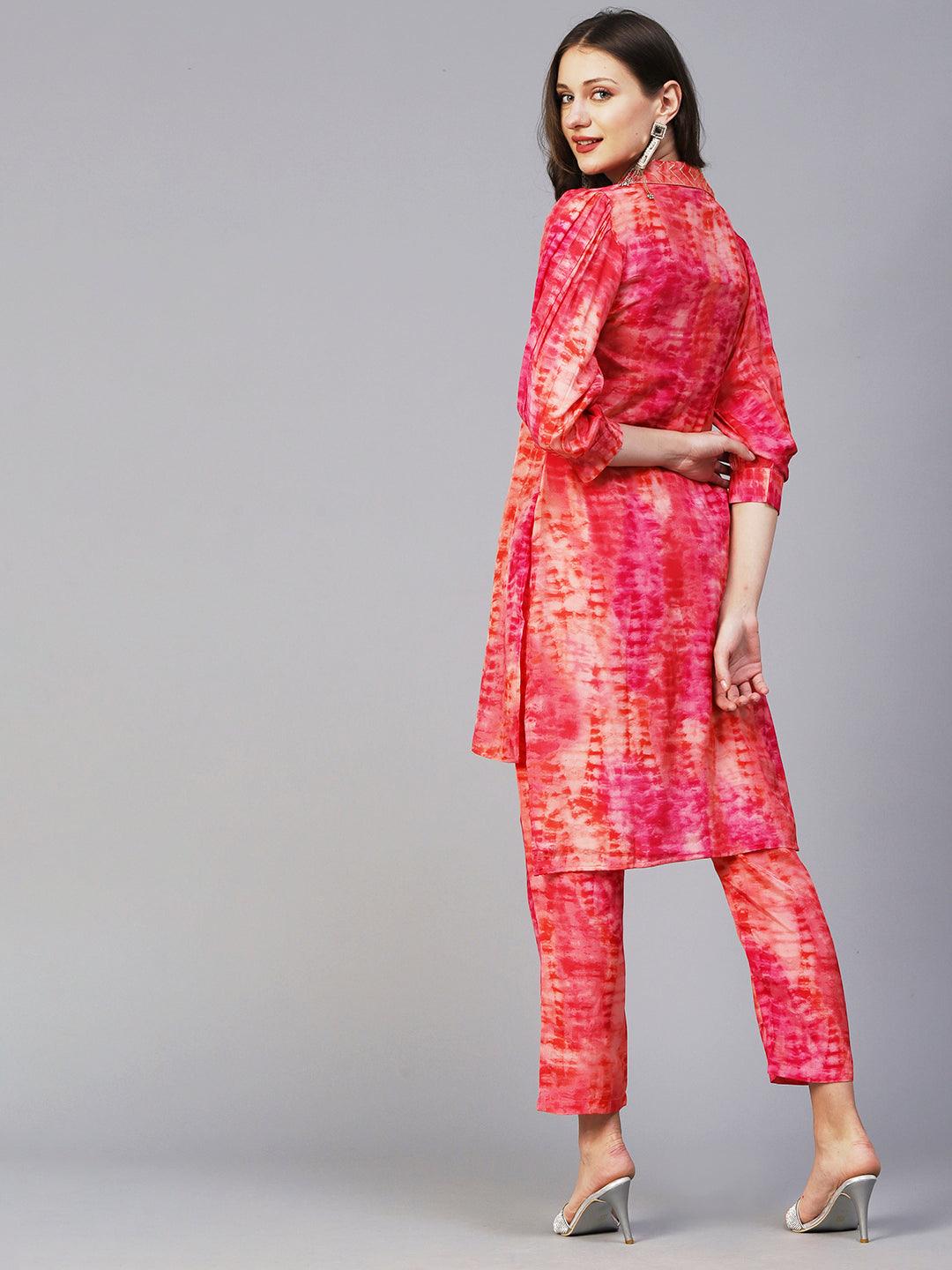 Shibori Printed Mirror & Zardozi Embroidered High Low Hem Shirt With Pants - Peach - Indiakreations