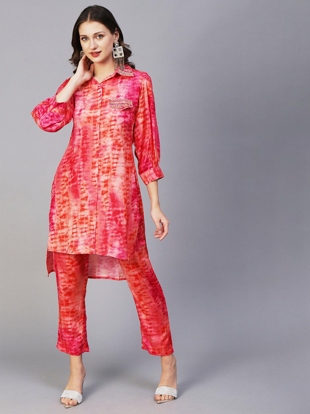 Shibori Printed Mirror & Zardozi Embroidered High Low Hem Shirt With Pants - Peach - Indiakreations