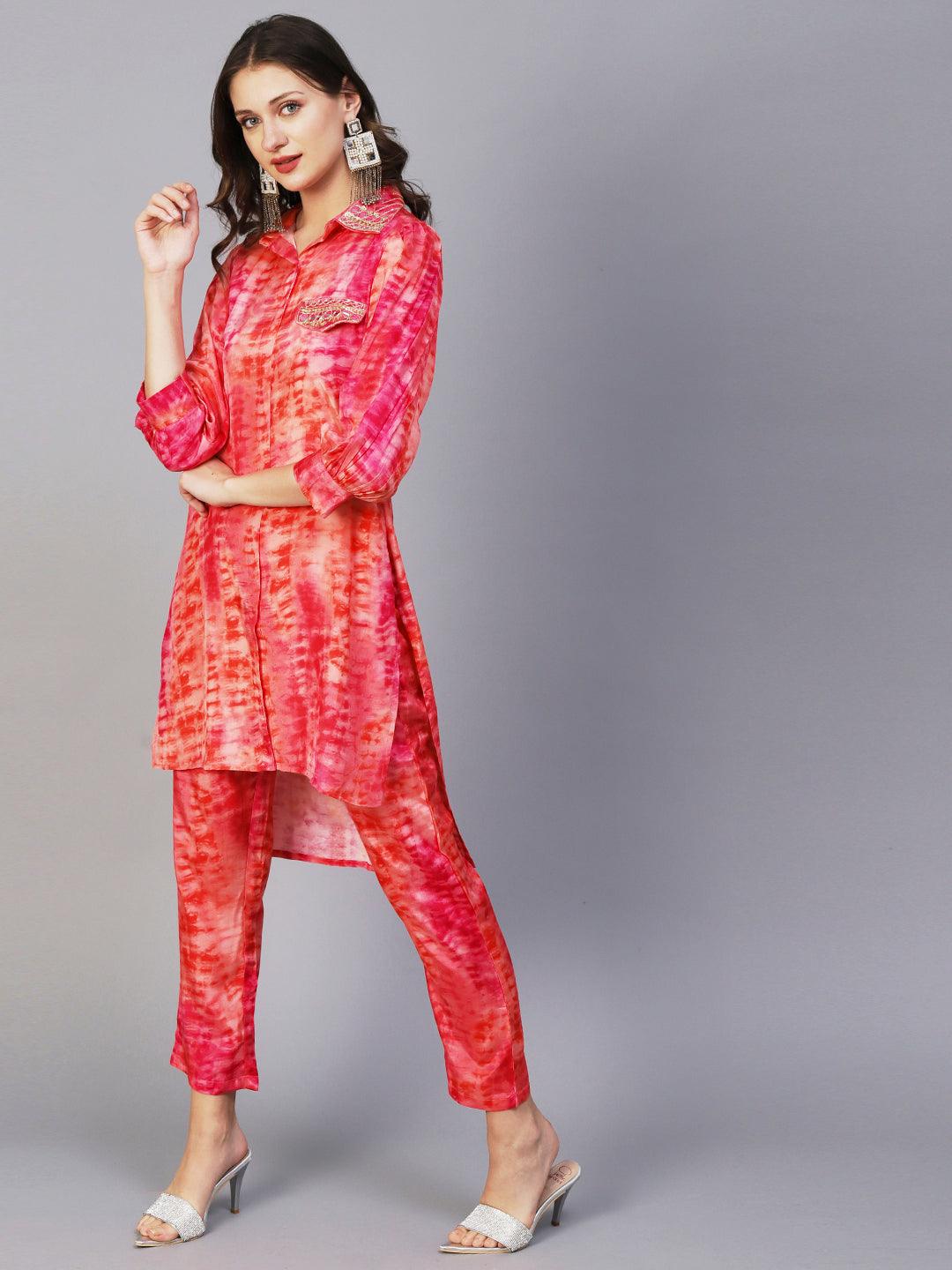 Shibori Printed Mirror & Zardozi Embroidered High Low Hem Shirt With Pants - Peach - Indiakreations