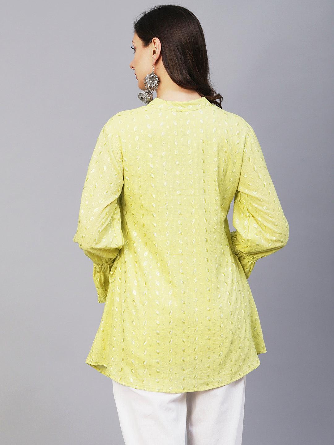 Solid Resham Embroidered Bell Sleeves Smocked Short Kurta - Yellow - Indiakreations