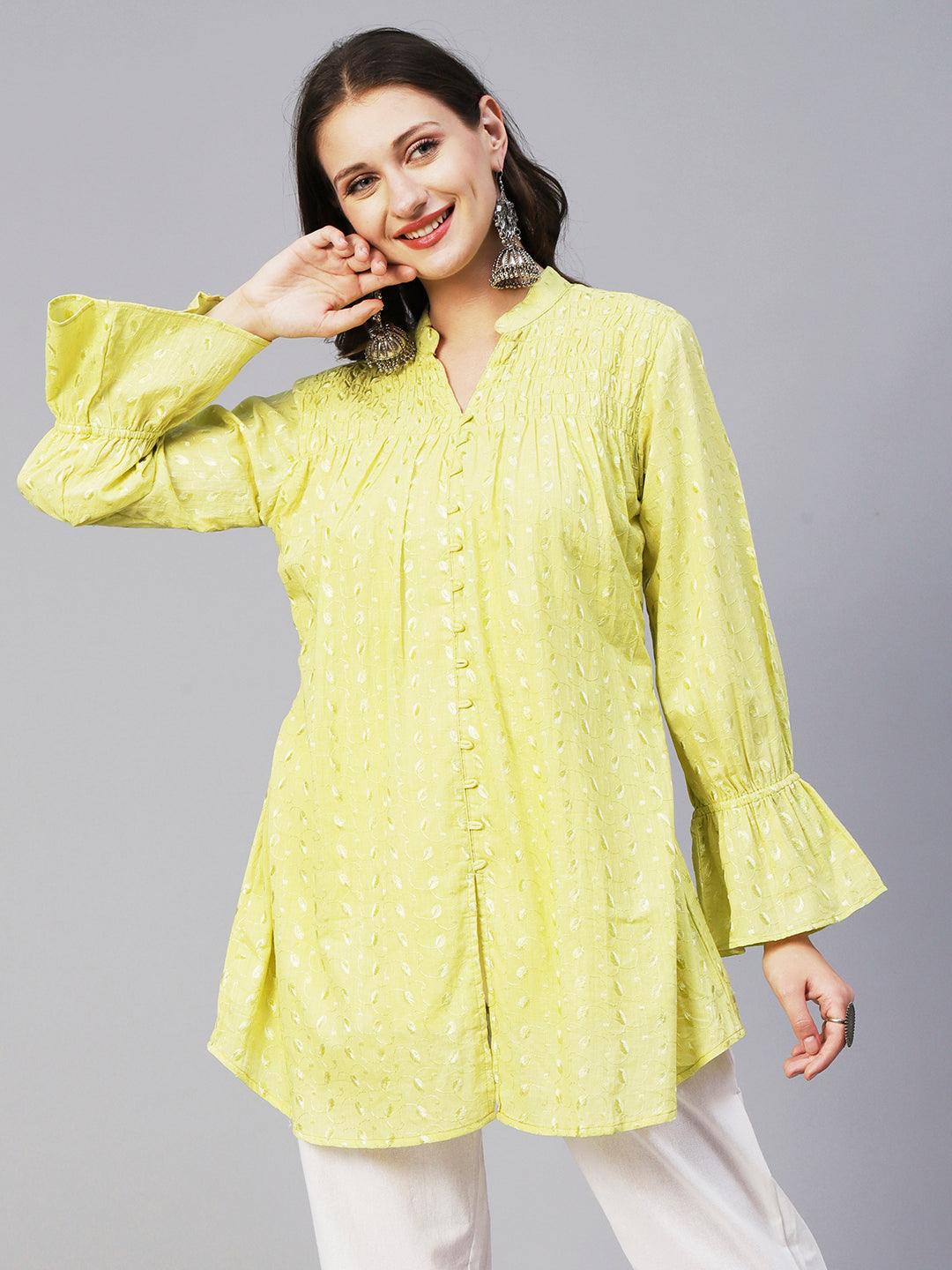 Solid Resham Embroidered Bell Sleeves Smocked Short Kurta - Yellow - Indiakreations