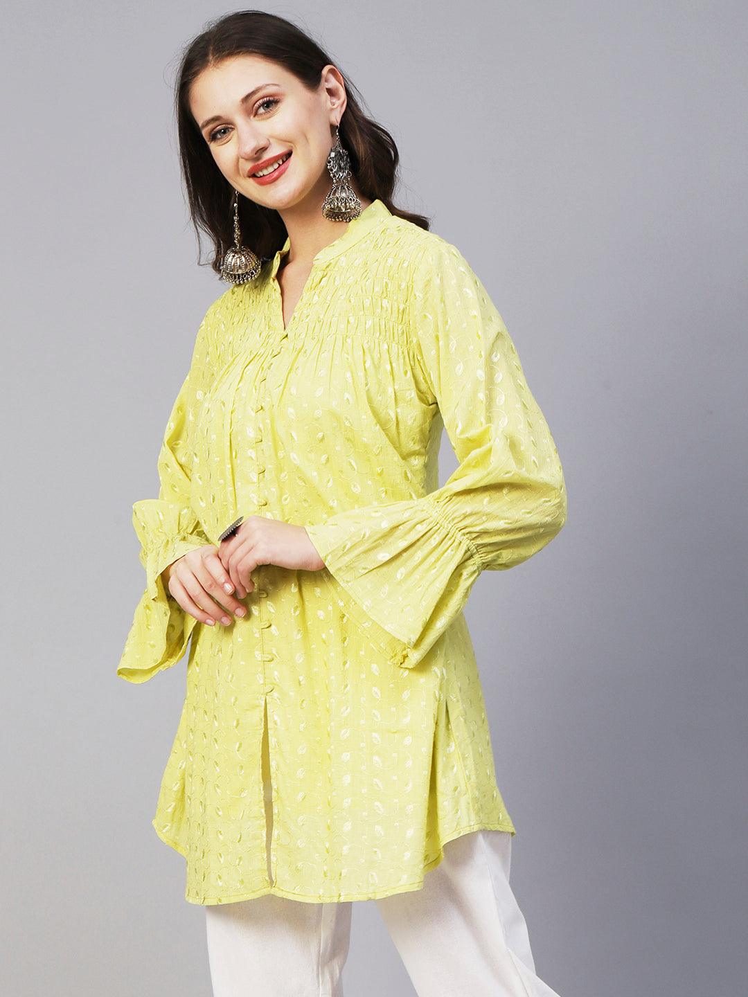 Solid Resham Embroidered Bell Sleeves Smocked Short Kurta - Yellow - Indiakreations