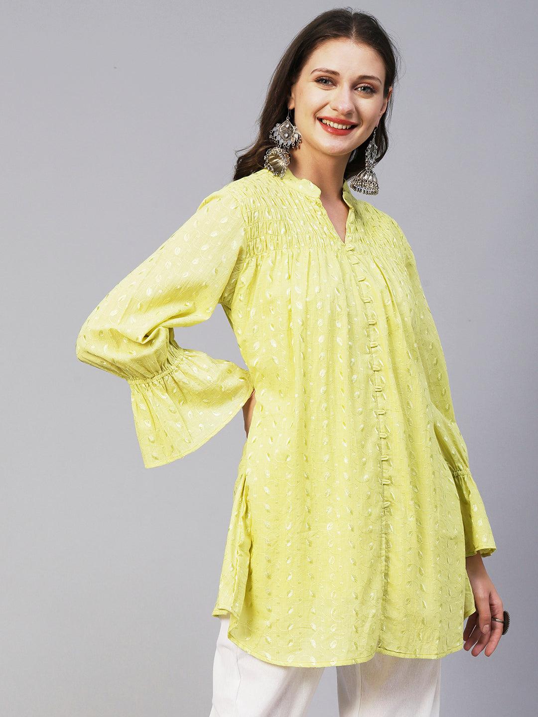 Solid Resham Embroidered Bell Sleeves Smocked Short Kurta - Yellow - Indiakreations