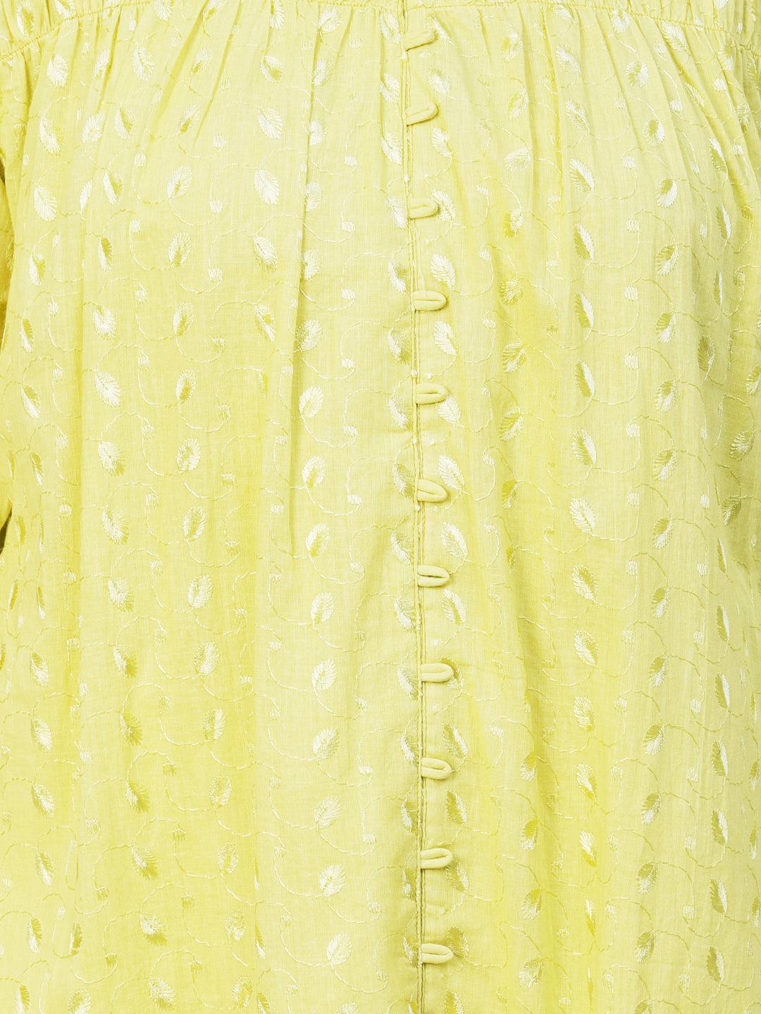 Solid Resham Embroidered Bell Sleeves Smocked Short Kurta - Yellow - Indiakreations