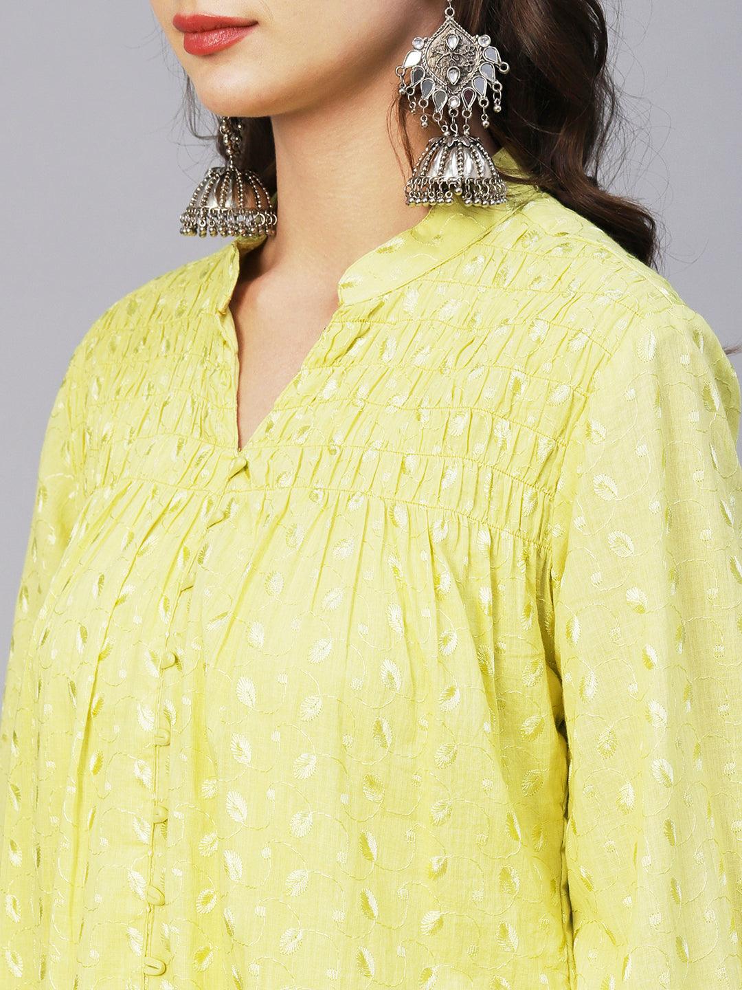 Solid Resham Embroidered Bell Sleeves Smocked Short Kurta - Yellow - Indiakreations