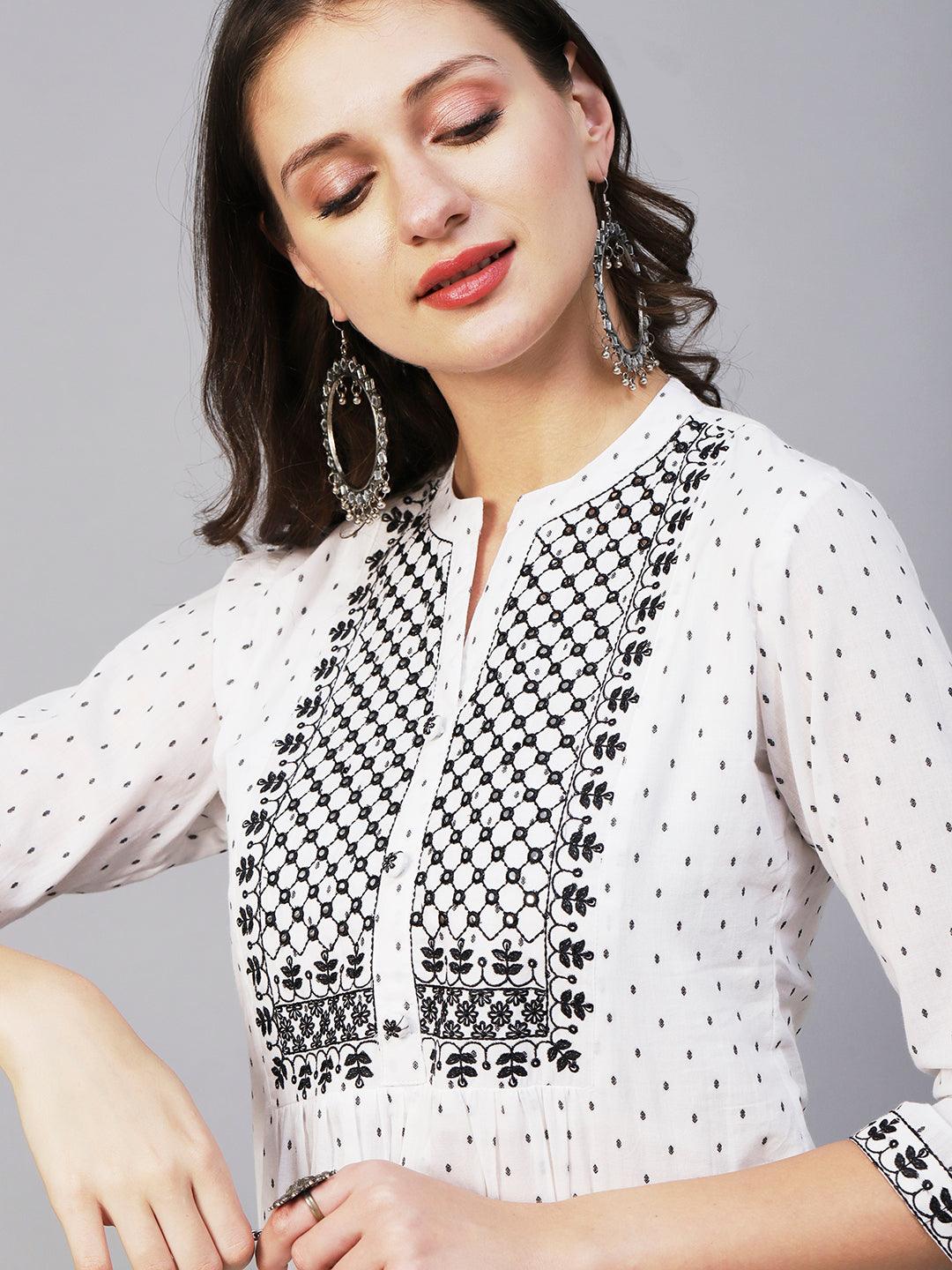 Woven Geometric Buti Design Resham & Mirror Embroidered Short Kurti - White - Indiakreations