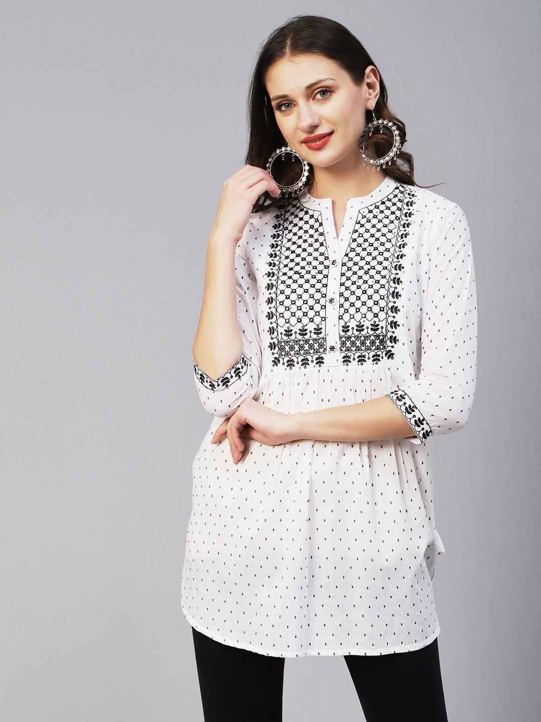 Woven Geometric Buti Design Resham & Mirror Embroidered Short Kurti - White - Indiakreations