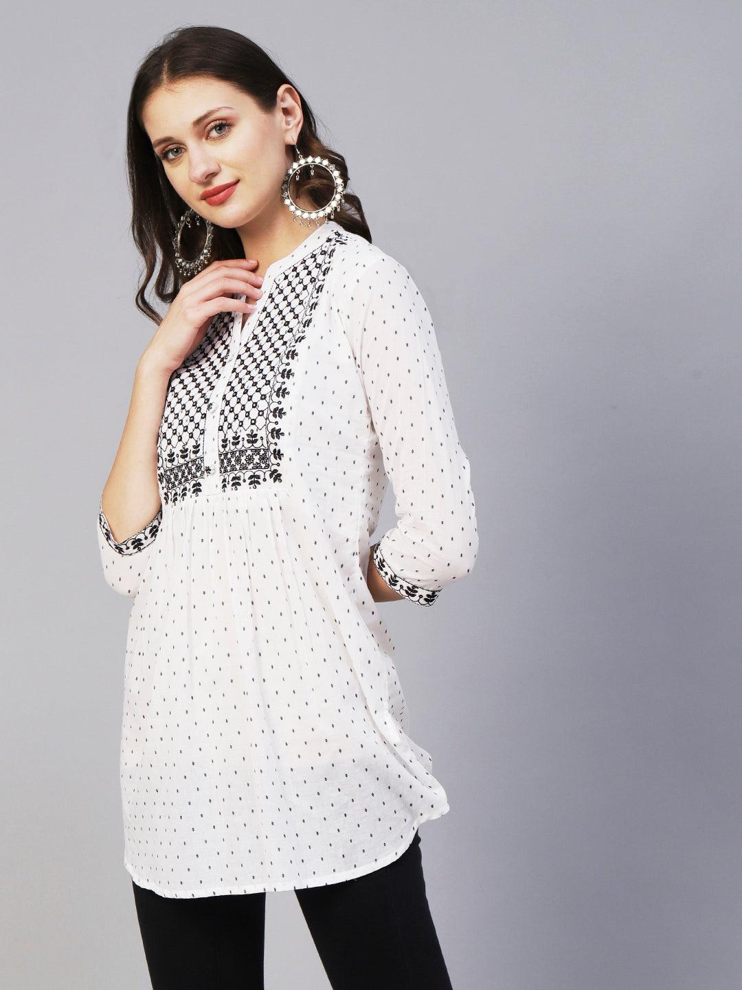 Woven Geometric Buti Design Resham & Mirror Embroidered Short Kurti - White - Indiakreations