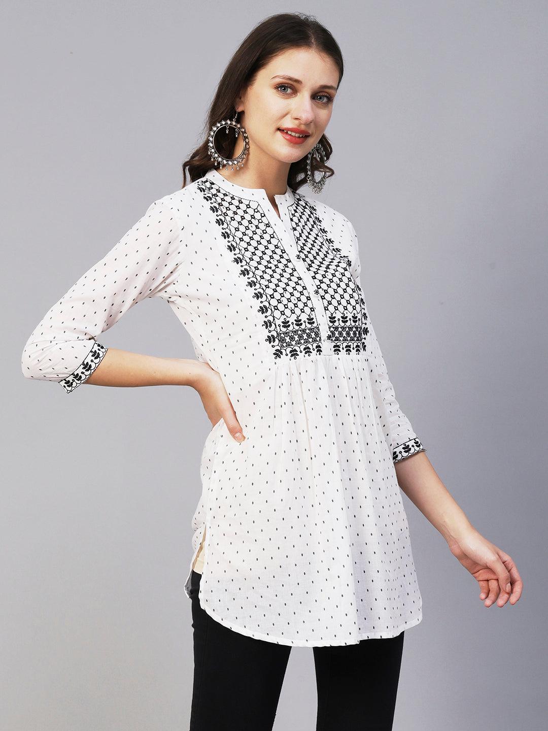 Woven Geometric Buti Design Resham & Mirror Embroidered Short Kurti - White - Indiakreations