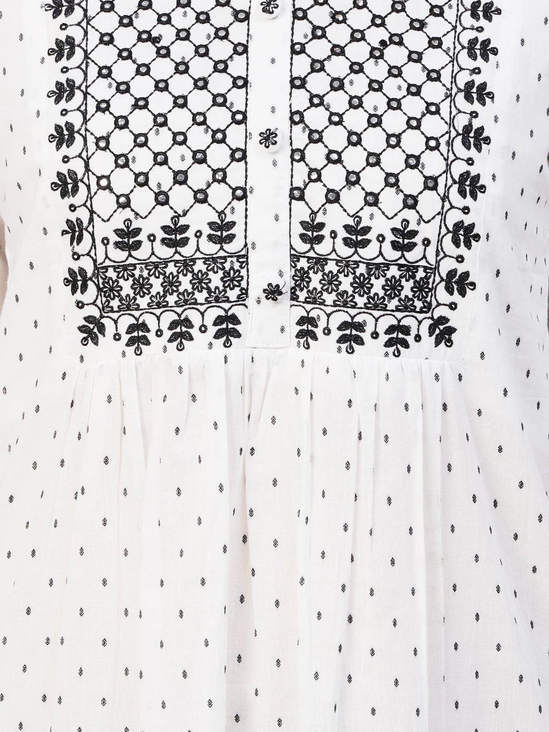 Woven Geometric Buti Design Resham & Mirror Embroidered Short Kurti - White - Indiakreations