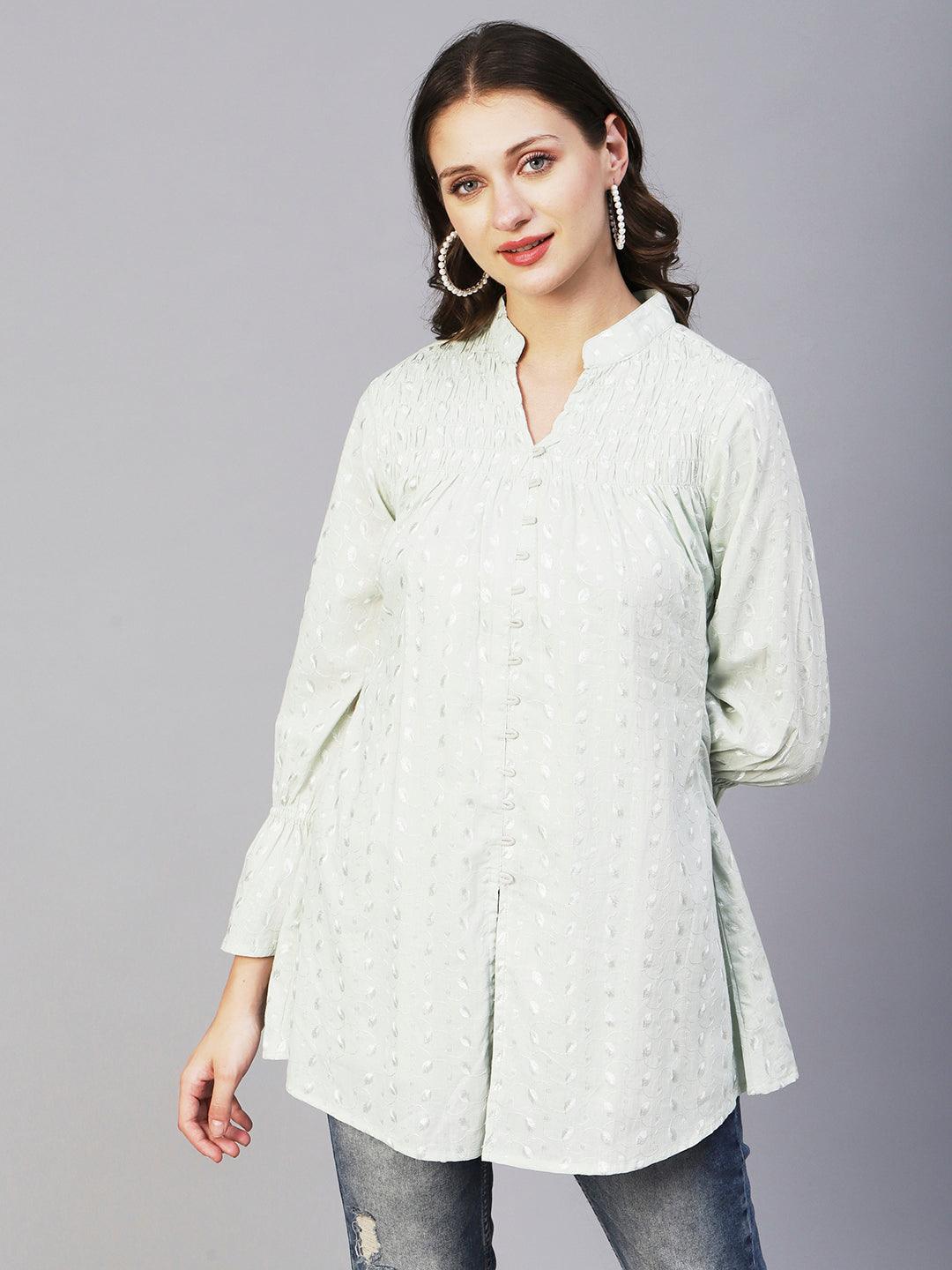 Solid Resham Embroidered Bell Sleeves Smocked Short Kurta - Powder Green - Indiakreations