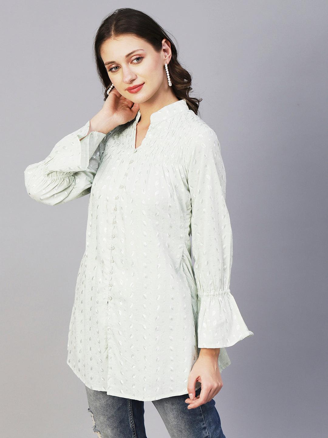 Solid Resham Embroidered Bell Sleeves Smocked Short Kurta - Powder Green - Indiakreations