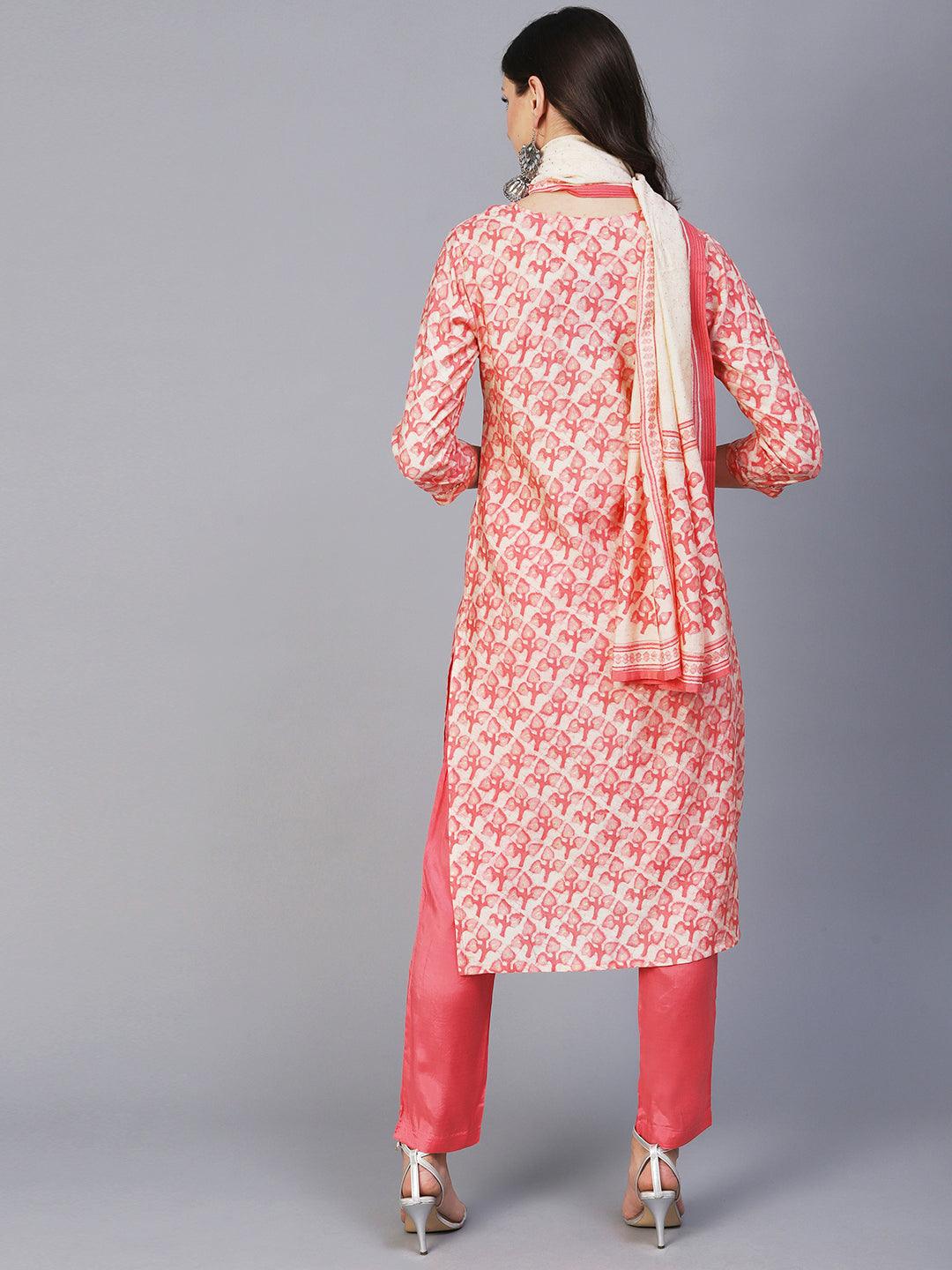 Batik Printed Mirror & Zari Embroidered Kurta With Pants & Dupatta - Peach Pink - Indiakreations