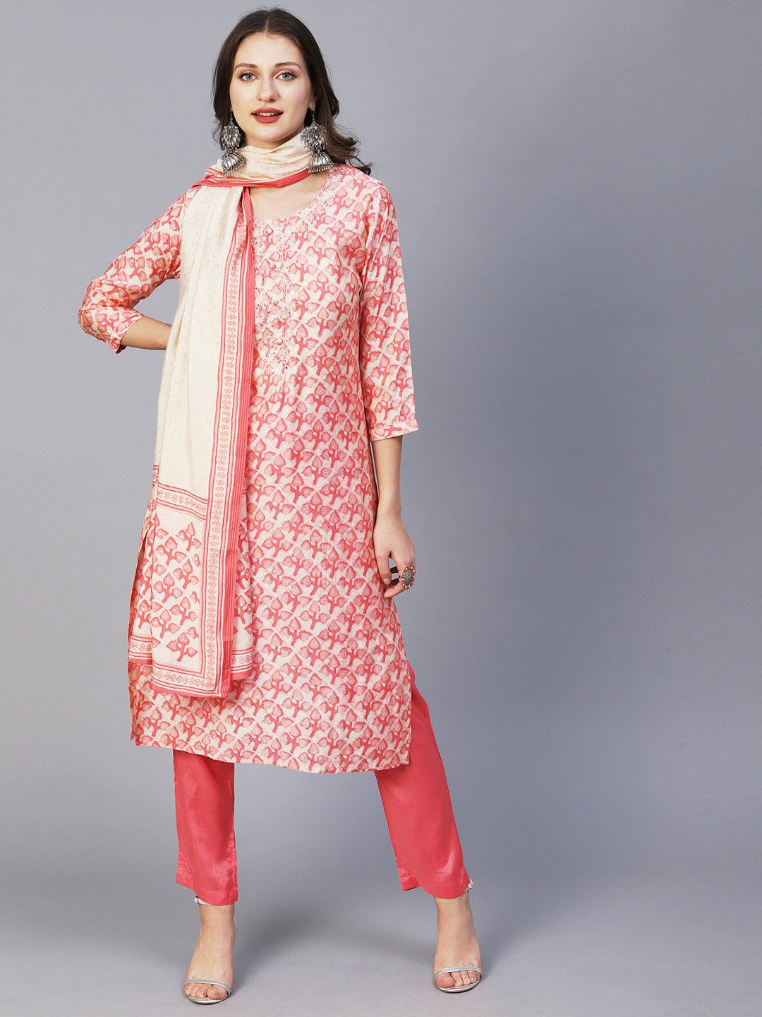 Batik Printed Mirror & Zari Embroidered Kurta With Pants & Dupatta - Peach Pink - Indiakreations