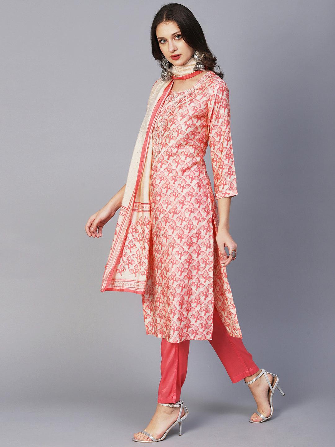 Batik Printed Mirror & Zari Embroidered Kurta With Pants & Dupatta - Peach Pink - Indiakreations