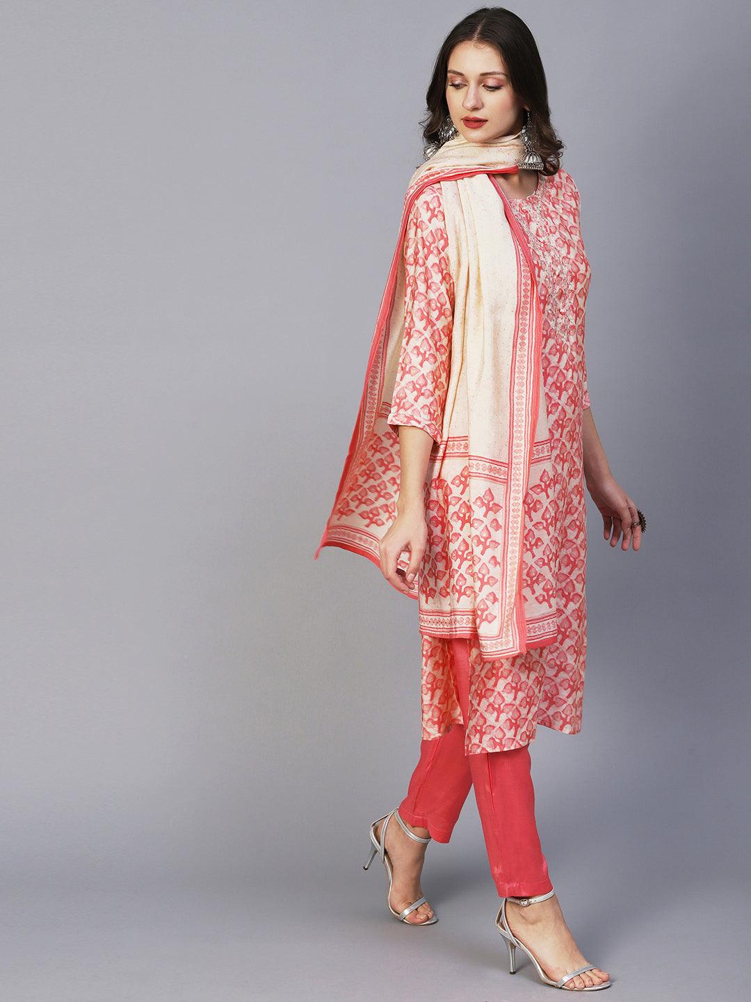 Batik Printed Mirror & Zari Embroidered Kurta With Pants & Dupatta - Peach Pink - Indiakreations