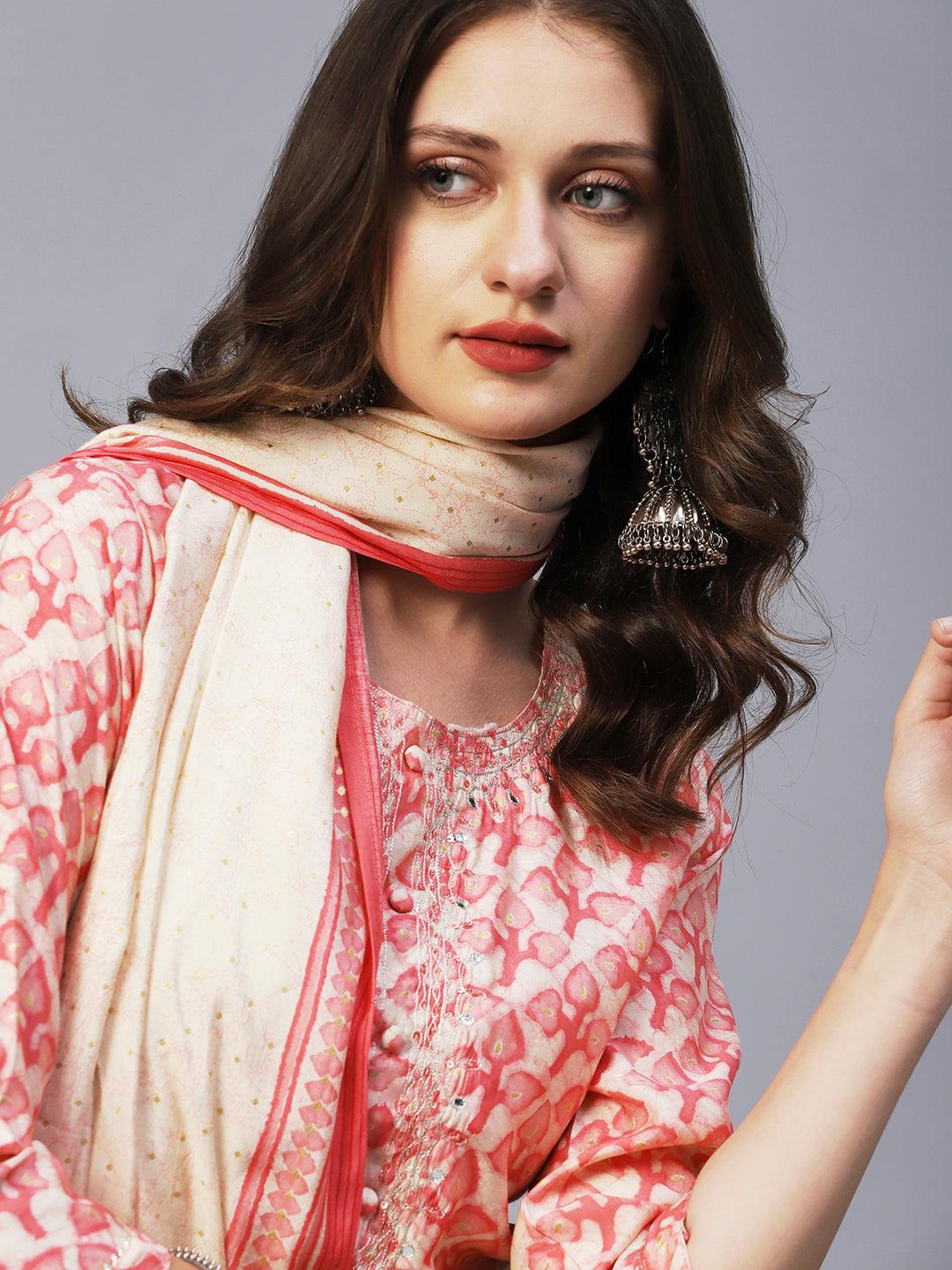 Batik Printed Mirror & Zari Embroidered Kurta With Pants & Dupatta - Peach Pink - Indiakreations