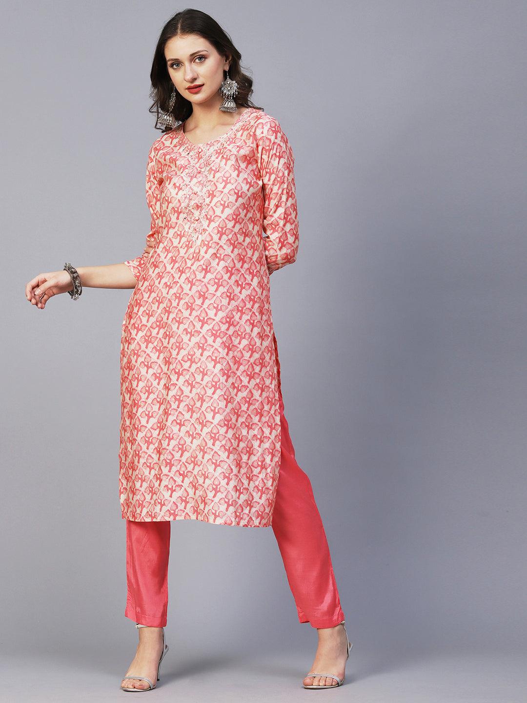 Batik Printed Mirror & Zari Embroidered Kurta With Pants & Dupatta - Peach Pink - Indiakreations